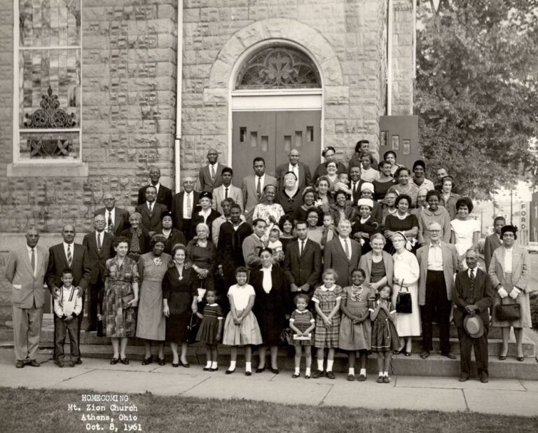 Congregation on the church steps, 1961. Courtesy of Ada Woodson Adams.